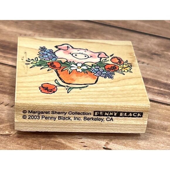 Penny Black Pinky Joy Pig Rubber Stamp ON Wood Block BY MARGARET SHERRY 2626H - Picture 1 of 6